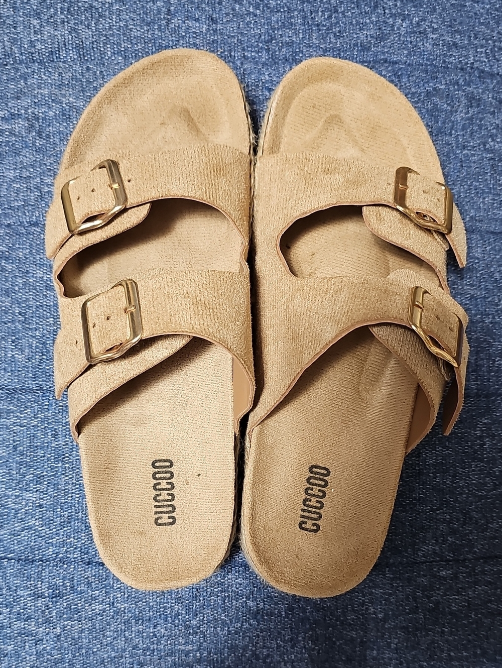 Cuccoo Women's Tan Double-Buckle Fabric Slide Sandals
